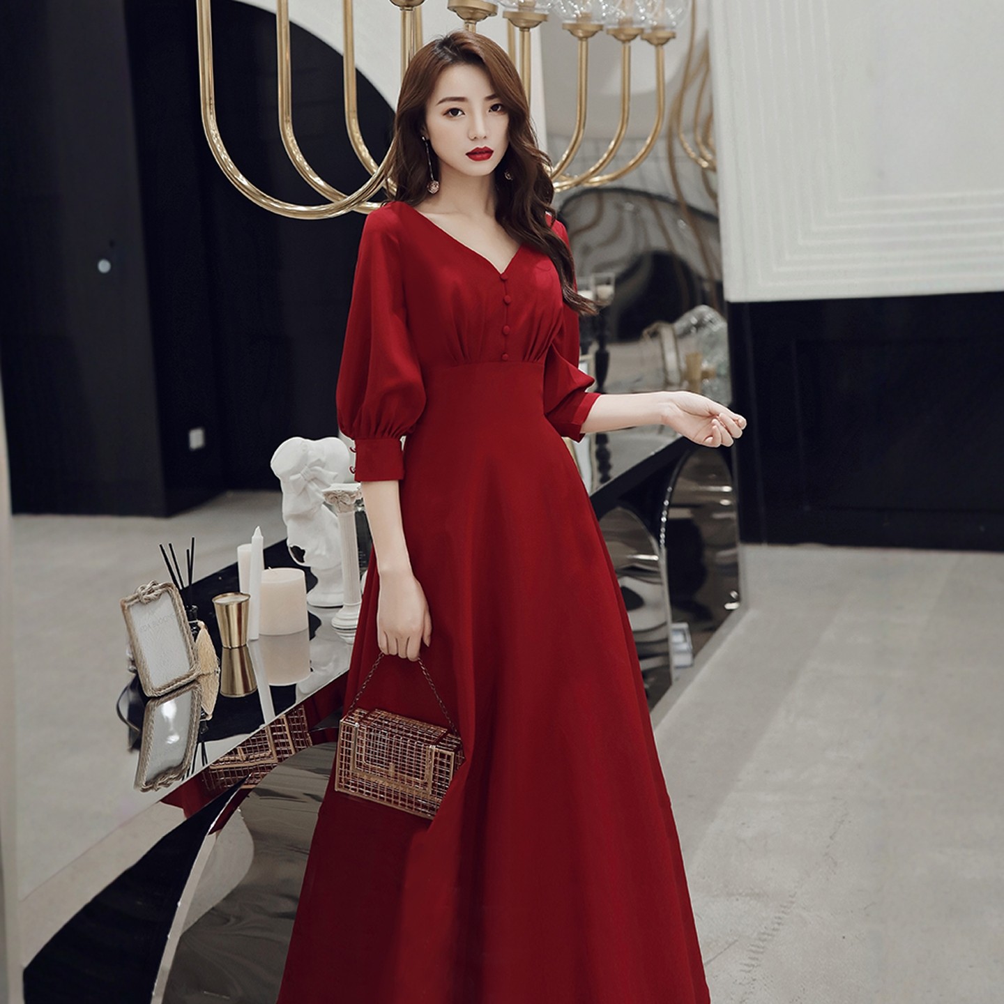 海棠记大码敬酒服新娘演出服孕妇酒红色胖mm结婚气质晚礼服遮肚女