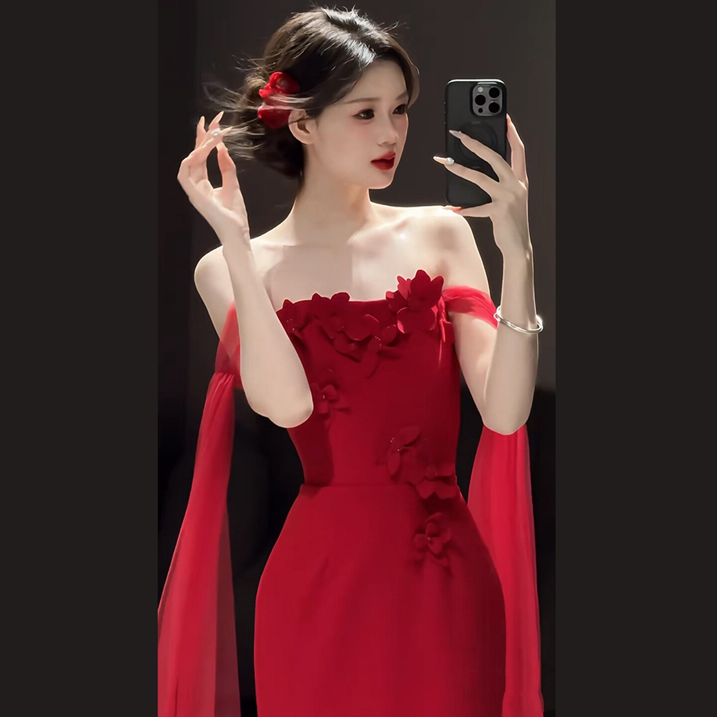 海棠记敬酒服新娘新款一字肩酒红高级感订婚晚礼服裙轻奢小众鱼尾