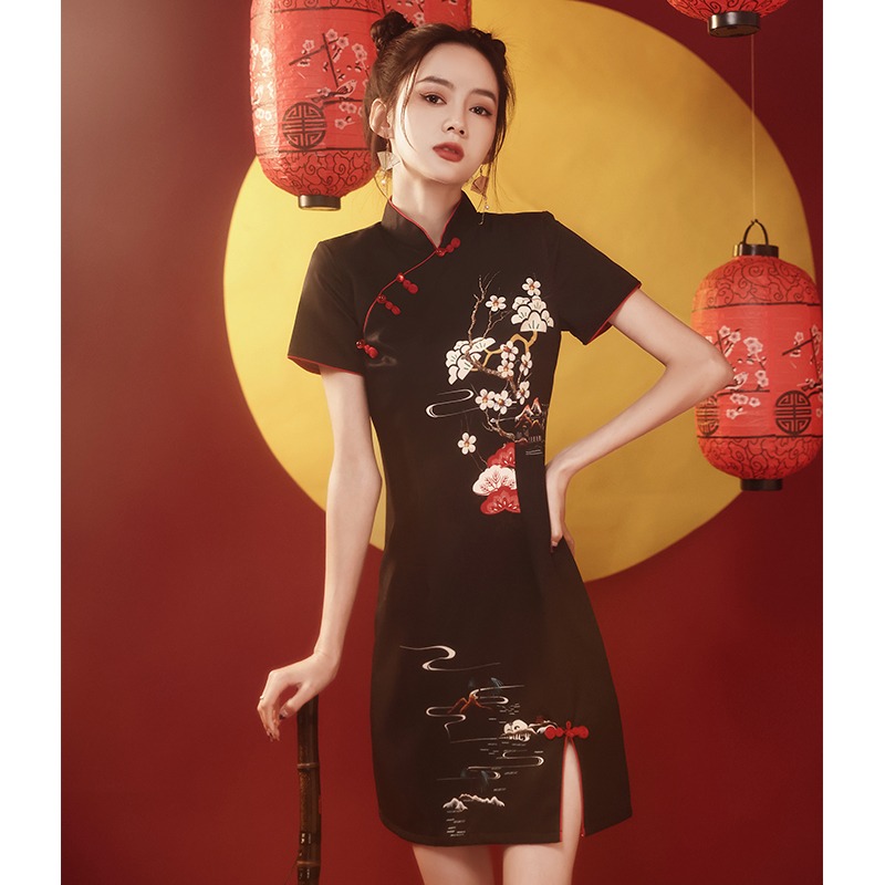 海棠记黑色国潮旗袍中国风短袖