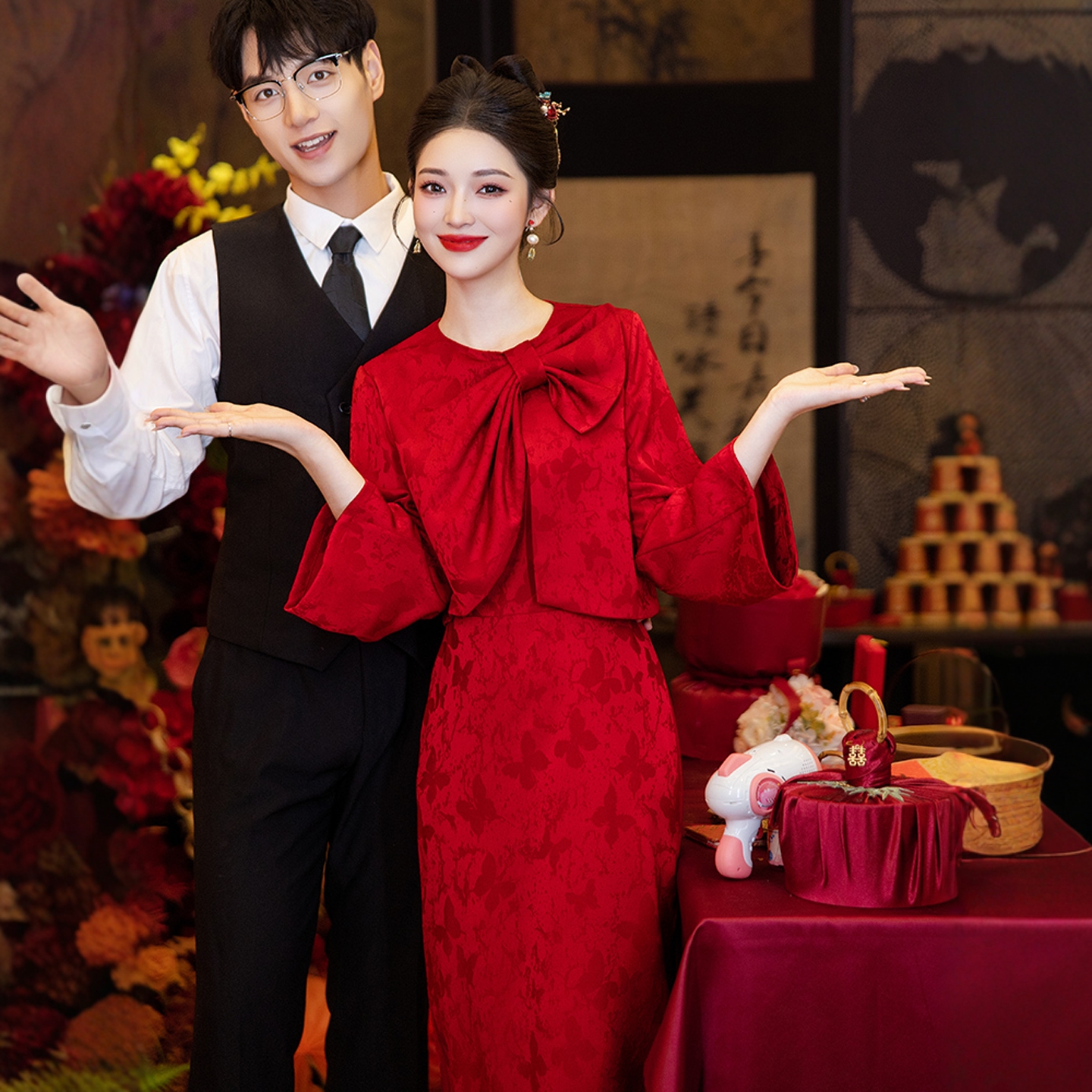 海棠记红色旗袍敬酒服新娘结婚裙