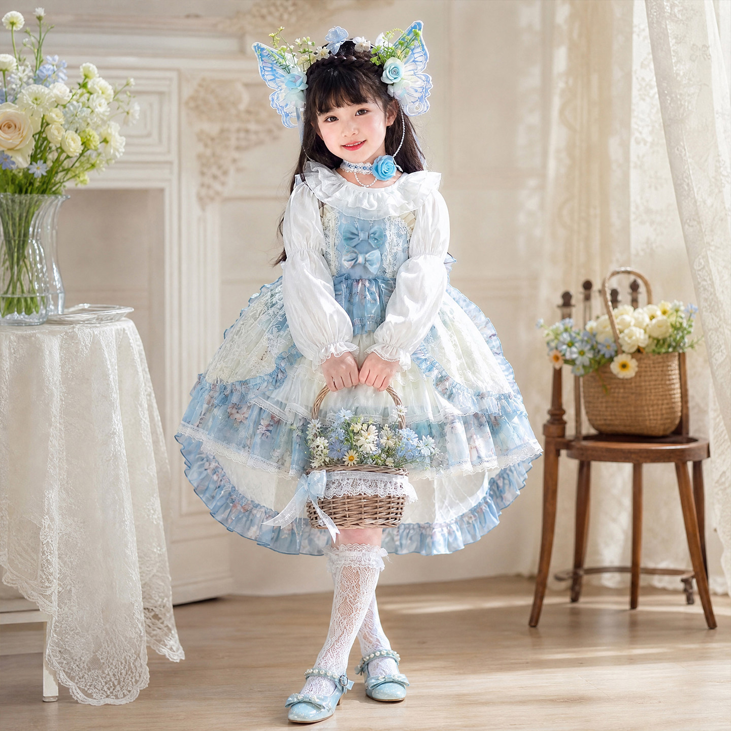 洛丽塔公主裙女童2026春秋新款小女孩莫奈花园生日蓝色表演礼服裙
