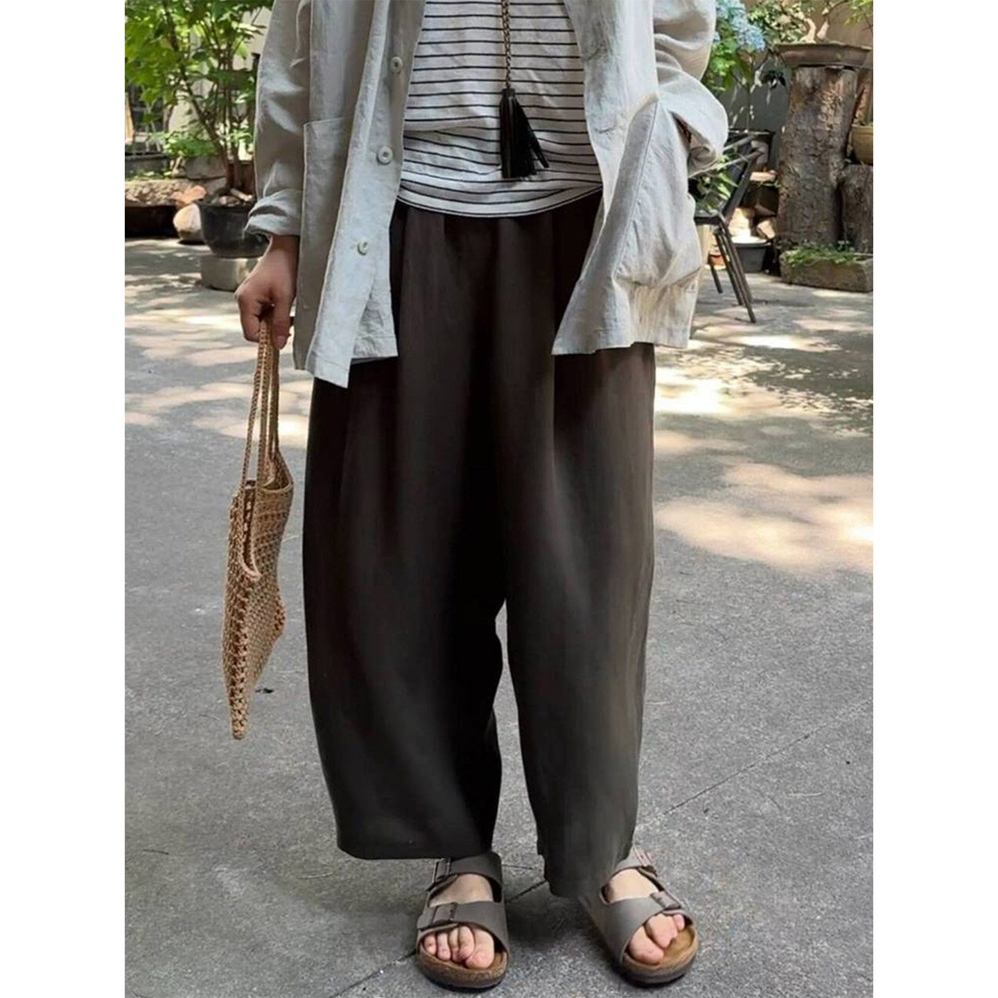 日系复古森林绿阔腿裤女