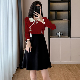 新中式 国风穿搭红色连衣裙女春秋独特超好看气质高级感假两件套装