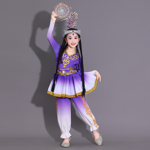 六一儿童新疆舞蹈演出服女童紫色维族服装表演服长袖民族风舞台装