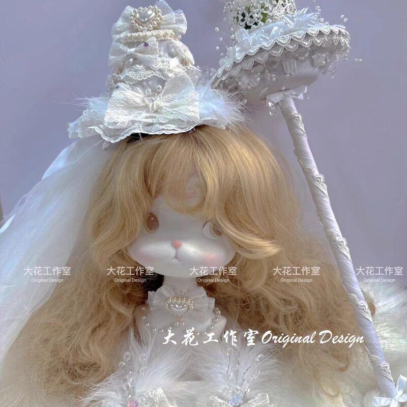 大花手作原创复古白色蕾丝重工婚礼花嫁洛丽塔发饰礼帽手杖