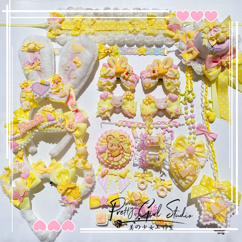 粉黄色洛丽塔风小物熊耳边夹发饰