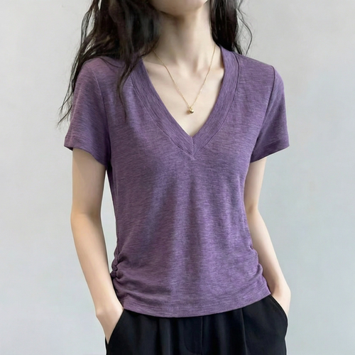 高级感紫色v领短袖t恤女夏季上衣