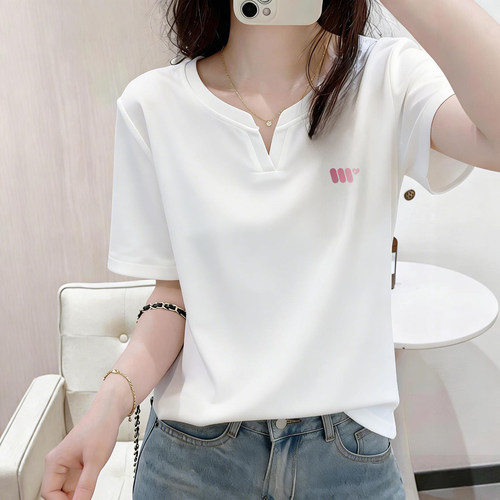 V领白色纯棉宽松显瘦半袖上衣服女夏季高级设计感洋气正肩短袖T恤