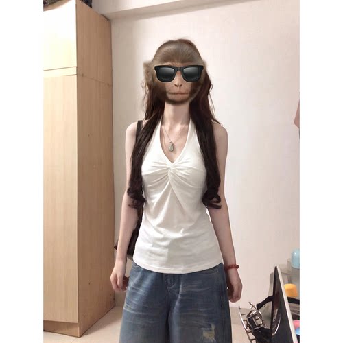 设计感挂脖扭结白色无袖露肩背心