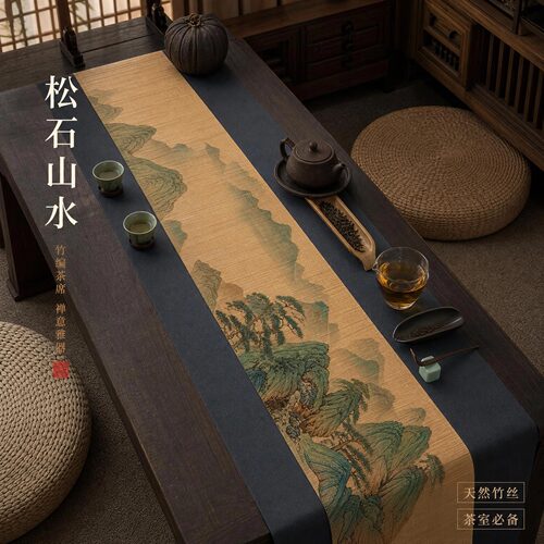 新中式竹编茶席桌旗千里江山国风山水禅意茶台垫干泡茶席茶具配件