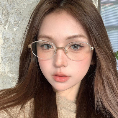 复古老钱风半框眼镜近视女度数可配椭圆格雷系金丝素颜backbone
