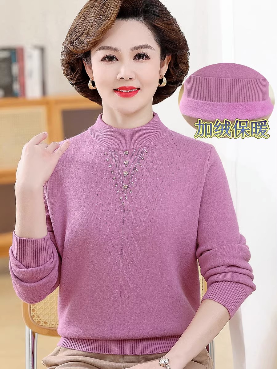 时尚中老年女冬装加绒毛衣40-50妈妈装加厚打底衫洋气老年人保暖