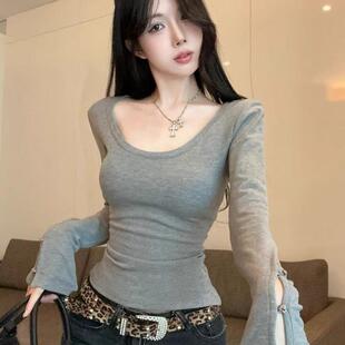 饰设计感上衣女秋冬显瘦长袖 子扣子装 T恤女 小众三色百搭U领袖 韩版