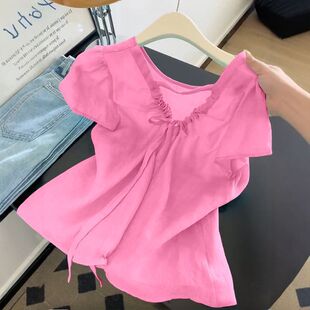 杭州四季青意法高端女装设计感系带V领短袖egg娃娃衬衫湖蓝色上衣