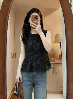 高级感黑色荷叶边无袖蕾丝衫女2026夏季新款设计感小众气质上衣潮