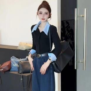 显瘦长袖 撞色Polo领磨毛衬衫 修身 女2025秋冬新款 上衣 假两件打底衫