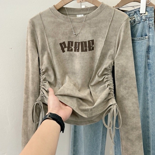 修身 春秋新款 打底衫 T恤女显瘦短款 鱼骨收腰上衣 扎染正肩抽绳长袖