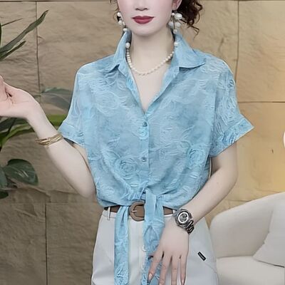清爽洋气印花雪纺衬衫女夏季清凉透气短袖小开衫宽松显瘦系带上衣