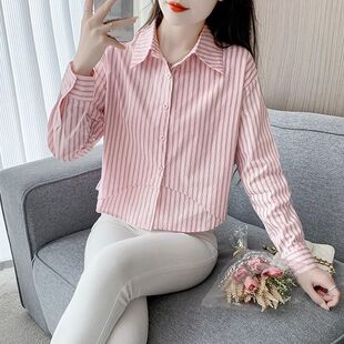 气质轻奢小衫 女短款 2025新款 POLO领条纹衬衫 小个子上衣 女装 春秋季