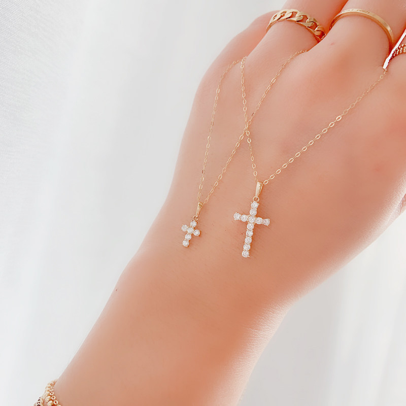 蓝莓家 韩国纯14k金黄金吊坠 满锆十字架k纯金锁骨链项链吊坠女