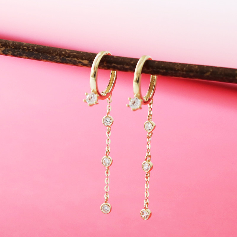 蓝莓甜心韩国纯10k金黄金耳环 耳扣坠闪锆流苏耳链k纯金气质耳坠