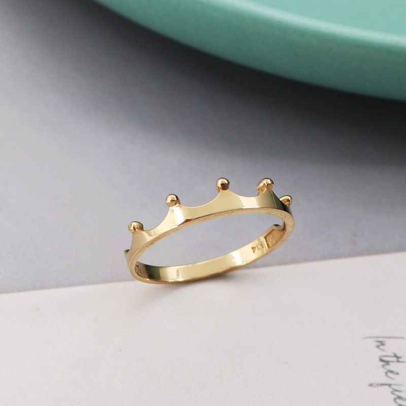 蓝莓甜心韩国纯14k金黄金戒指 光面素金皇冠k纯金关节戒指环女