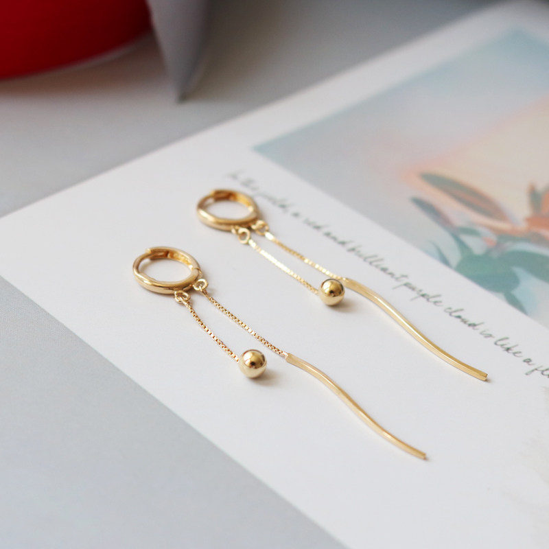 蓝莓甜心韩国纯14k金黄金耳环 耳扣坠双层盒子链流苏弯杆k金耳线