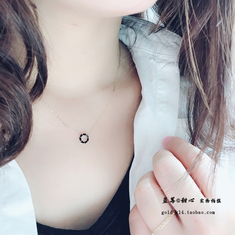 蓝莓家 韩国14k金黄金项链 镂空圆环黑锆石k纯金个性锁骨链女