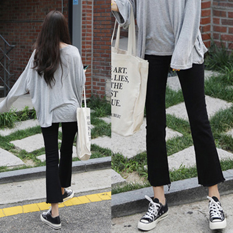 八分春装高腰chic风微喇裤牛仔裤