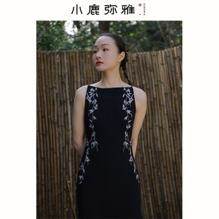 黑色一字領(lǐng)無袖 小鹿彌雅 原創(chuàng)設(shè)計(jì)新中式 刺繡修身 燕歸來 連衣裙