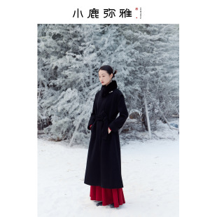 黑大衣水貂毛领 羊毛双面呢长款 小鹿弥雅原创新中式 定风波