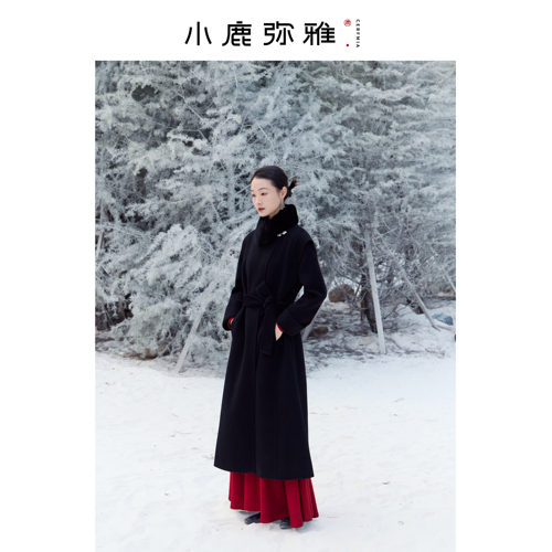 小鹿弥雅原创新中式《定风波》羊毛双面呢长款黑大衣水貂毛领