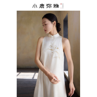 小鹿弥雅《兰》系列原创新中式醋酸提花刺绣小立领无袖显瘦连衣裙