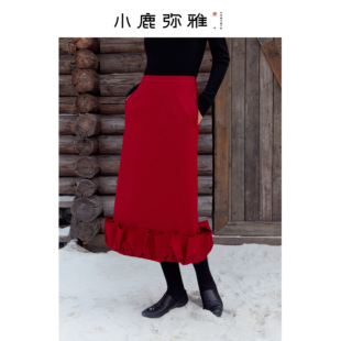 小鹿弥雅原创直筒开衩裱花小红裙半身裙秋冬