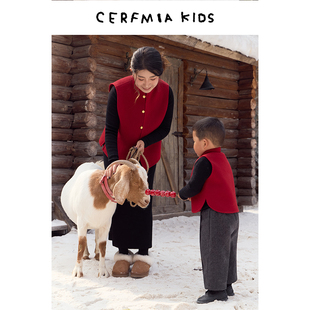 小鹿弥雅童装男童女童如意红色双面呢松黑色丝绒马甲提花半裙新年