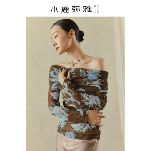 小鹿弥雅《绮罗香》一字领弹力网纱针织长袖上衣春秋