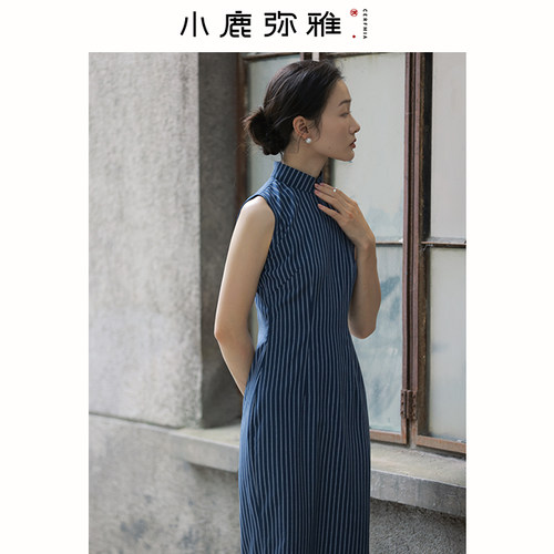 小鹿弥雅新中式通勤改良竖条纹