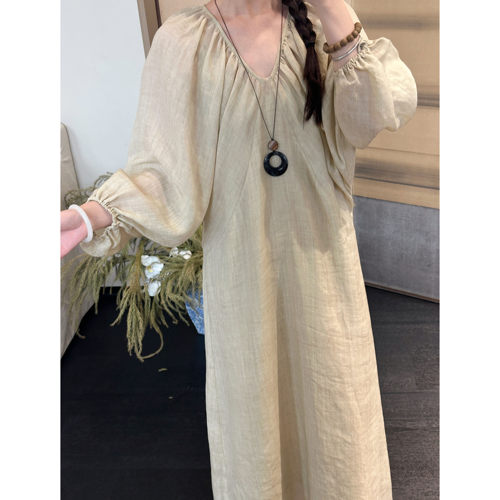 小鹿弥雅《晚舟》温柔文艺V领天丝苎麻连肩灯笼袖连衣长裙