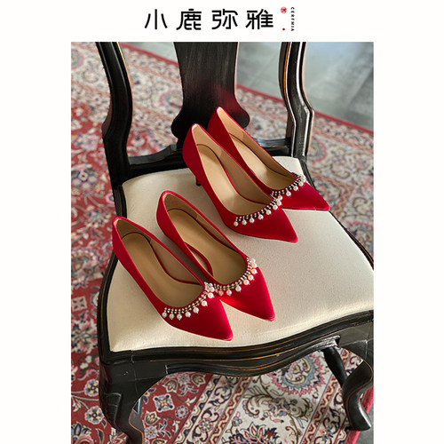 真丝缎面珍珠水钻手工婚鞋