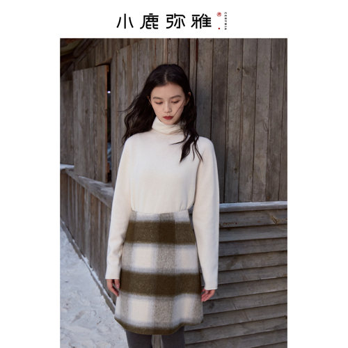 小鹿弥雅堆堆领无缝一体山羊绒羊毛混纺保暖打底衫百搭秋冬