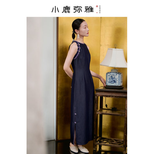 小鹿弥雅《丹青》系列原创新中式无袖丹宁牛仔撞色新中式连衣裙夏