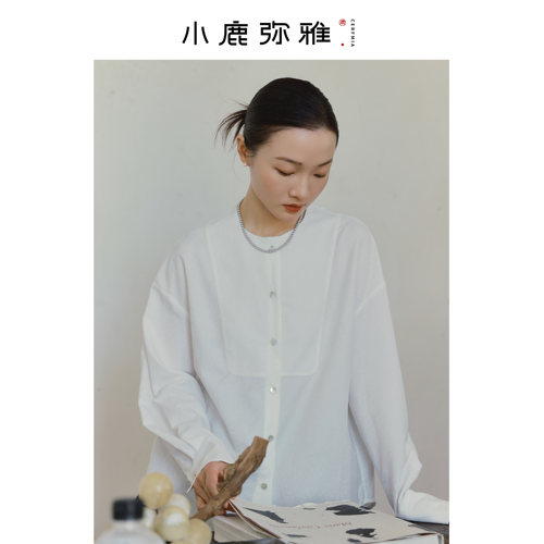 小鹿弥雅《小盼》新中式简约素雅醋酸提花长袖衬衫上衣春秋