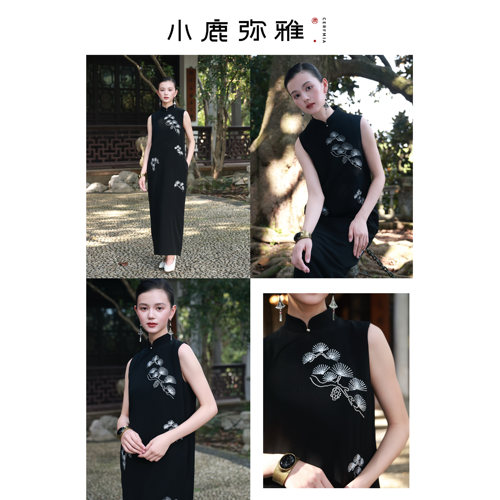 小鹿弥雅《松》原创新中式重工刺绣醋酸旗袍连衣裙新娘礼服晨袍