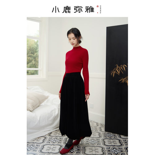 小鹿弥雅基础百搭丝绒花苞松紧腰半身长裙秋冬