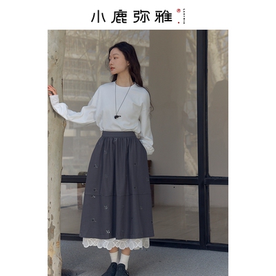 小鹿弥雅刺绣花边百搭半身裙