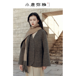 小鹿弥雅《扶风》系列羊毛双面呢短外套流苏围巾套装冬
