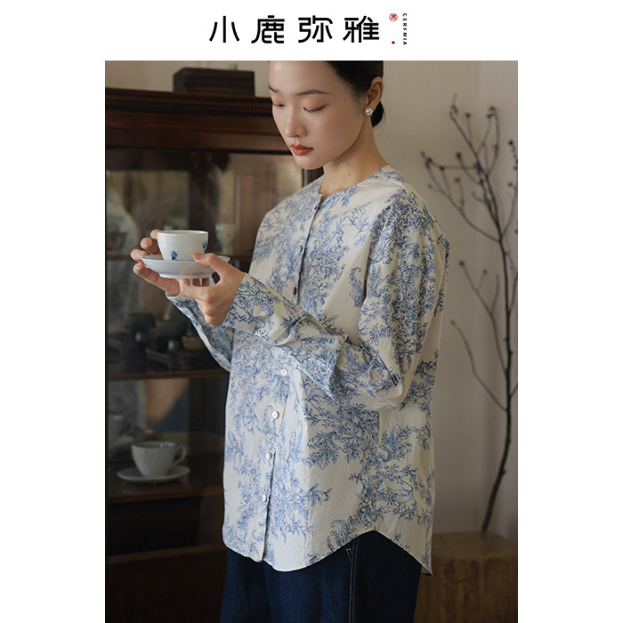 小鹿弥雅《青花》原创新中式纯棉印花长袖圆领衬衫春秋