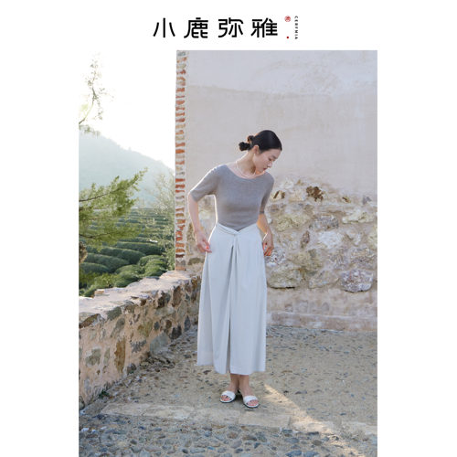 小鹿弥雅简约百搭显瘦纽结半身长裙春秋