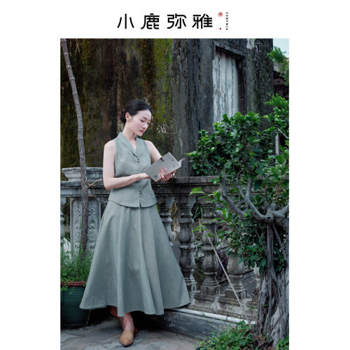 小鹿弥雅《疏桐》原创新中式复古文艺青果领无袖上衣半身裙套装夏