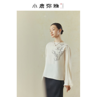 气质连肩喇叭袖 系列原创新中式 印花醋酸上衣春秋 兰 小鹿弥雅